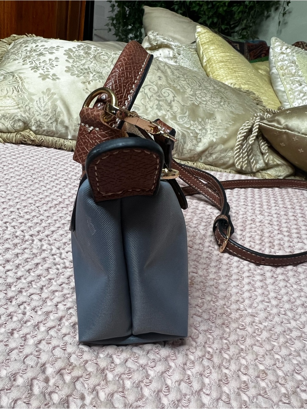 Longchamp Le Pliage Original Mini Pouch Handle Crossbody Blue/Gray Brown - Picture 7 of 11